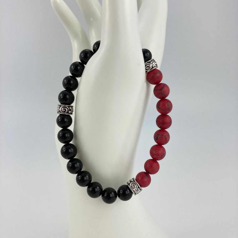 Obsidian and Red Howlite Stretch Bracelet, Handmade, 8mm Stones, 8" Long - Picture 4 of 6